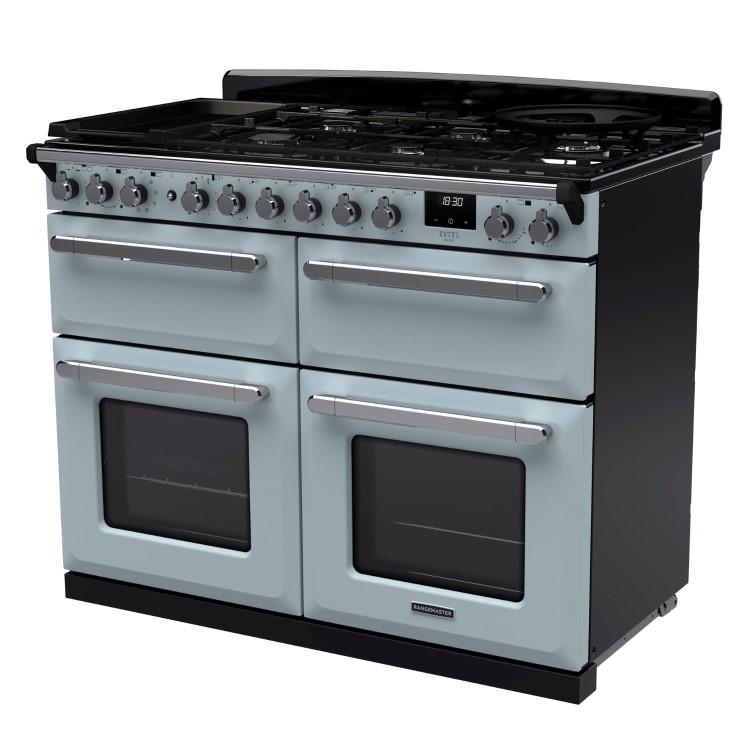 Rangemaster Estel Deluxe 110cm Base Cavity Dual Fuel Range Cooker - Misty Blue + Chrome