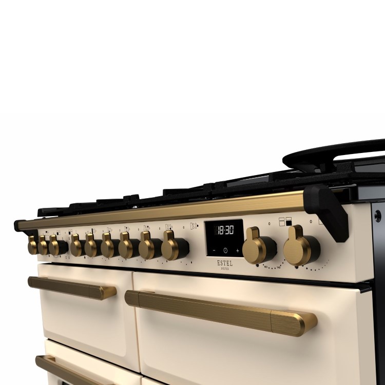 Rangemaster Estel Deluxe 110cm Base Cavity Dual Fuel Range Cooker - Pale Cream + Brass