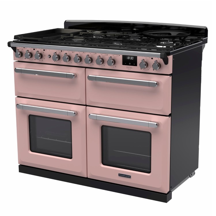 Rangemaster Estel Deluxe 110cm Base Cavity Dual Fuel Range Cooker - Pale Pink + Chrome