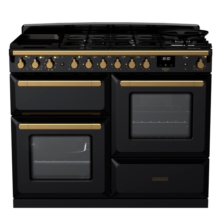 Rangemaster Estel Deluxe 110cm Dual Fuel Range Cooker - Gloss Black + Brass