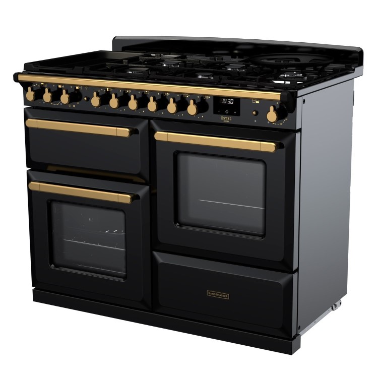 Rangemaster Estel Deluxe 110cm Dual Fuel Range Cooker - Gloss Black + Brass