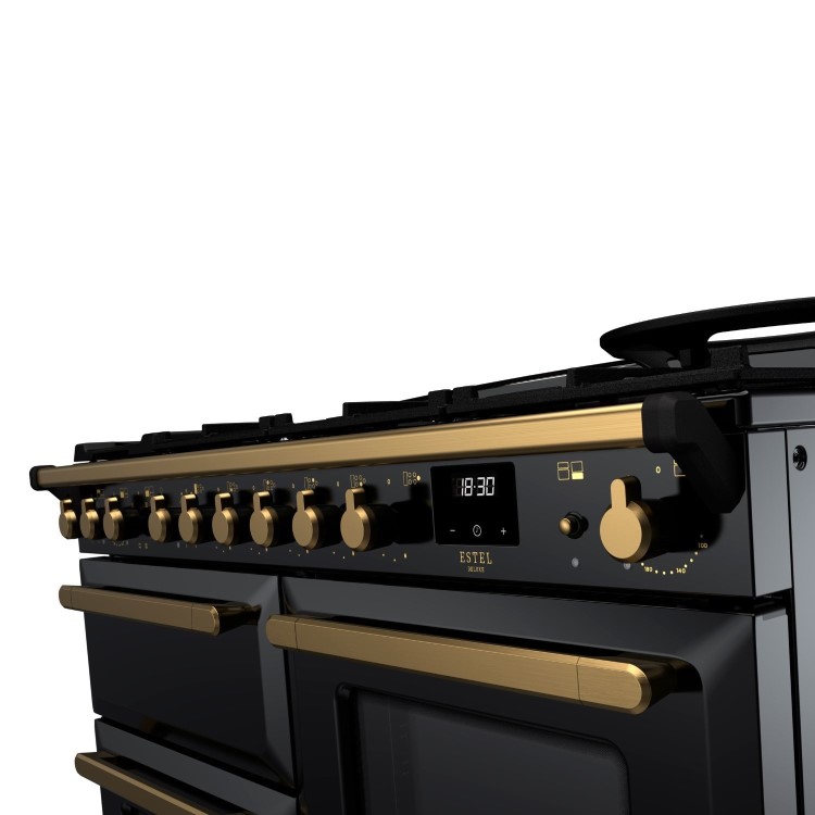 Rangemaster Estel Deluxe 110cm Dual Fuel Range Cooker - Gloss Black + Brass