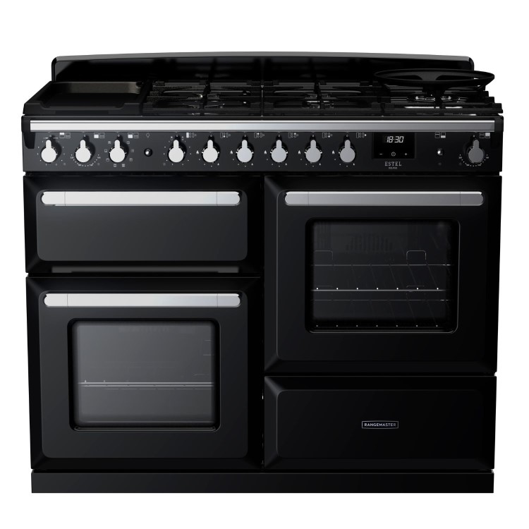 Rangemaster Estel Deluxe 110cm Dual Fuel Range Cooker - Gloss Black + Chrome