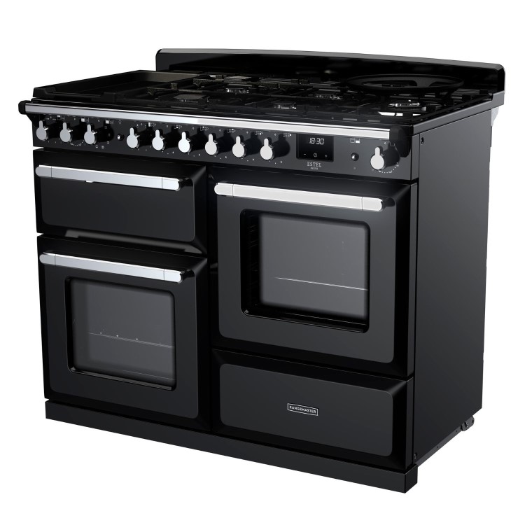 Rangemaster Estel Deluxe 110cm Dual Fuel Range Cooker - Gloss Black + Chrome