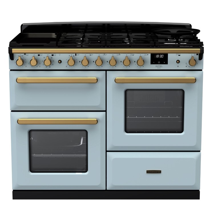 Rangemaster Estel Deluxe 110cm Dual Fuel Range Cooker - Misty Blue + Brass