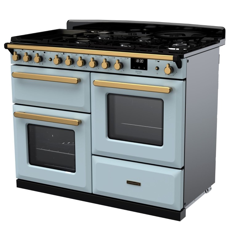 Rangemaster Estel Deluxe 110cm Dual Fuel Range Cooker - Misty Blue + Brass