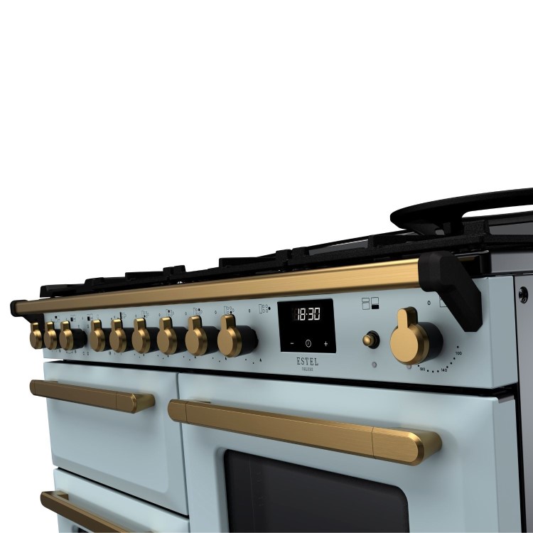 Rangemaster Estel Deluxe 110cm Dual Fuel Range Cooker - Misty Blue + Brass