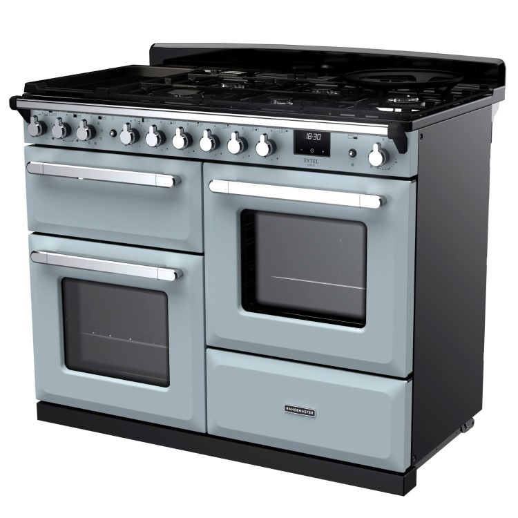 Rangemaster Estel Deluxe 110cm Dual Fuel Range Cooker - Misty Blue + Chrome