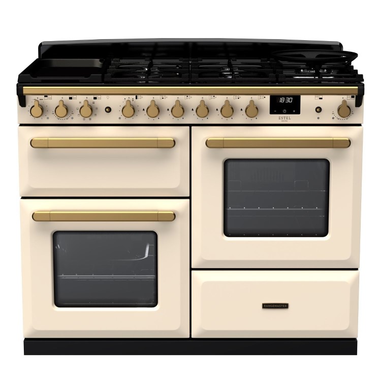 Rangemaster Estel Deluxe 110cm Dual Fuel Range Cooker - Pale Cream + Brass