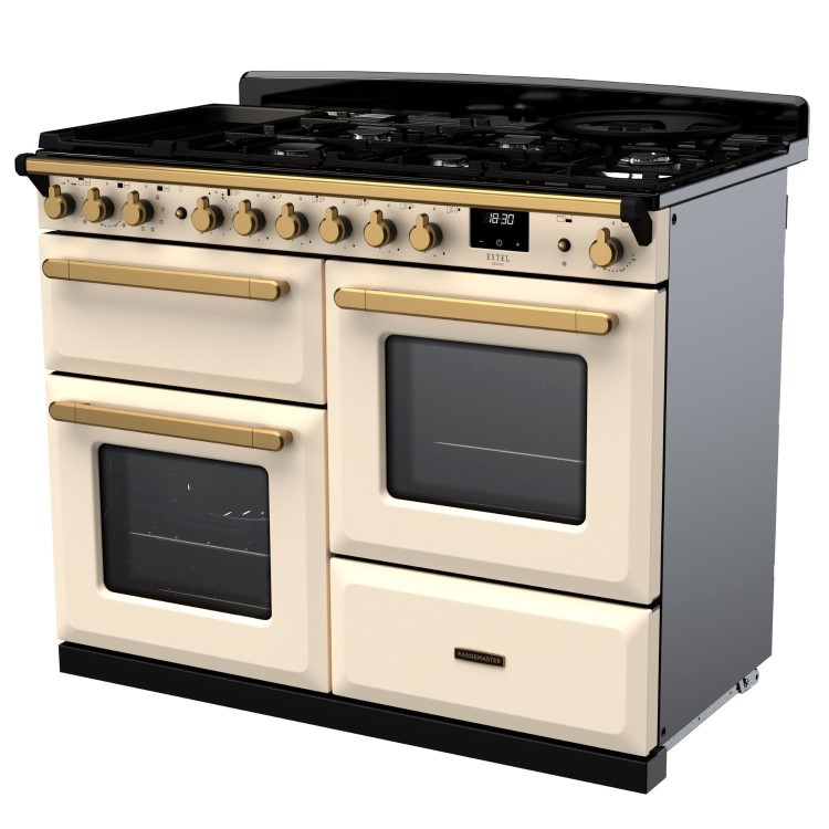 Rangemaster Estel Deluxe 110cm Dual Fuel Range Cooker - Pale Cream + Brass