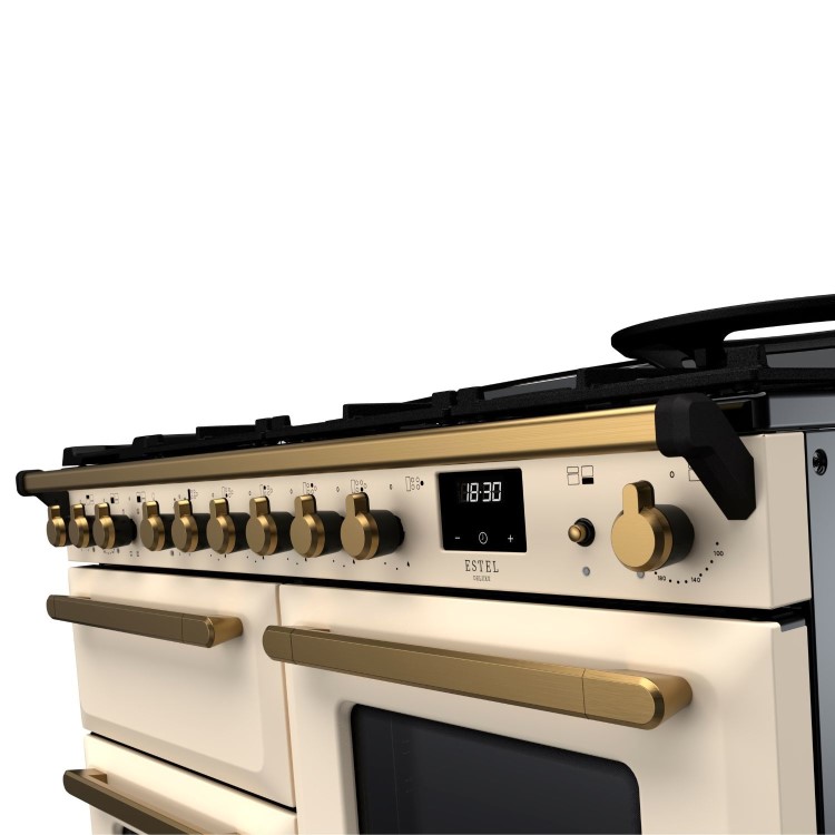 Rangemaster Estel Deluxe 110cm Dual Fuel Range Cooker - Pale Cream + Brass