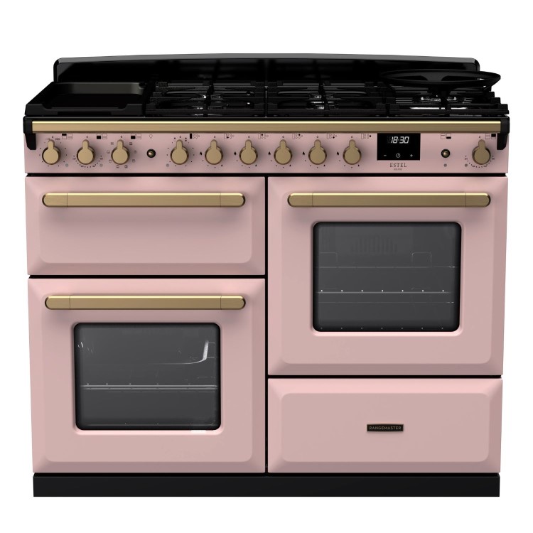 Rangemaster Estel Deluxe 110cm Dual Fuel Range Cooker - Pale Pink + Brass