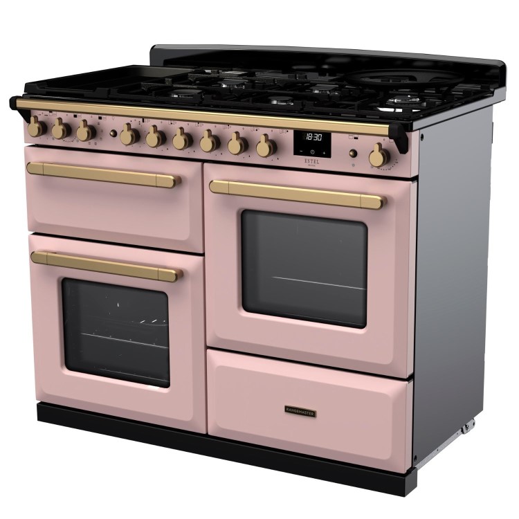 Rangemaster Estel Deluxe 110cm Dual Fuel Range Cooker - Pale Pink + Brass