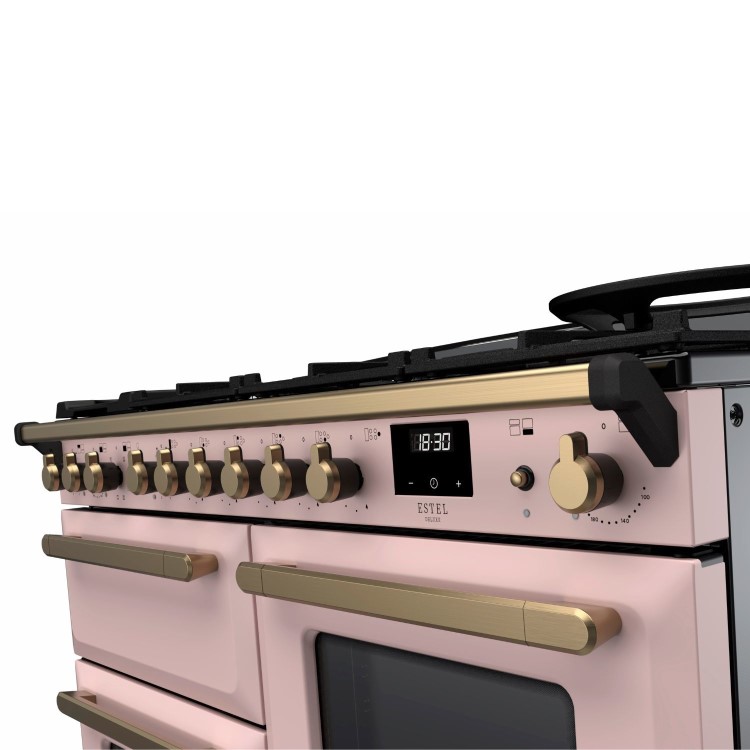 Rangemaster Estel Deluxe 110cm Dual Fuel Range Cooker - Pale Pink + Brass