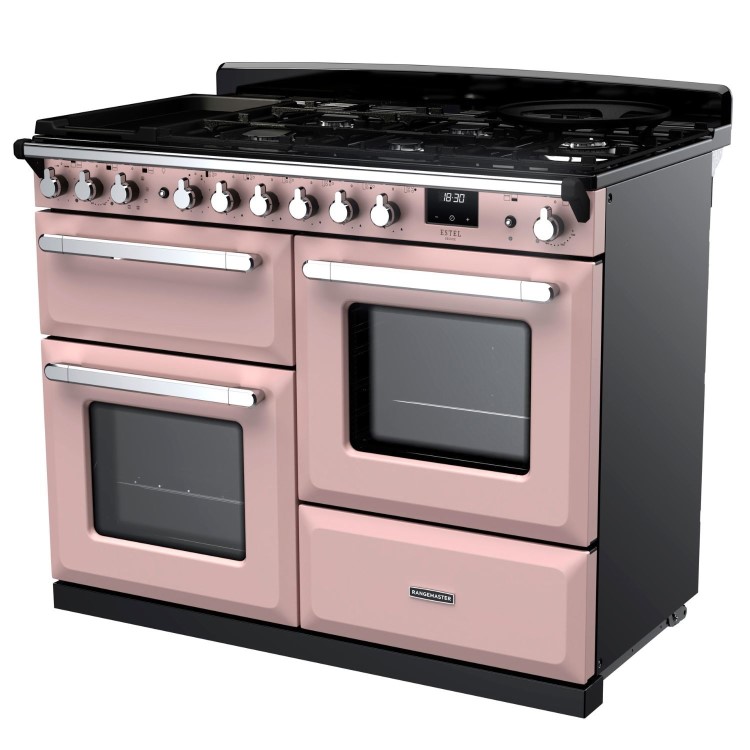 Rangemaster Estel Deluxe 110cm Dual Fuel Range Cooker - Pale Pink + Chrome