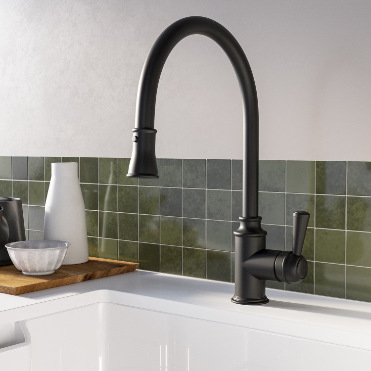 Evelyn Traditional Single Lever Monobloc Pull Out Kitchen Tap- Black