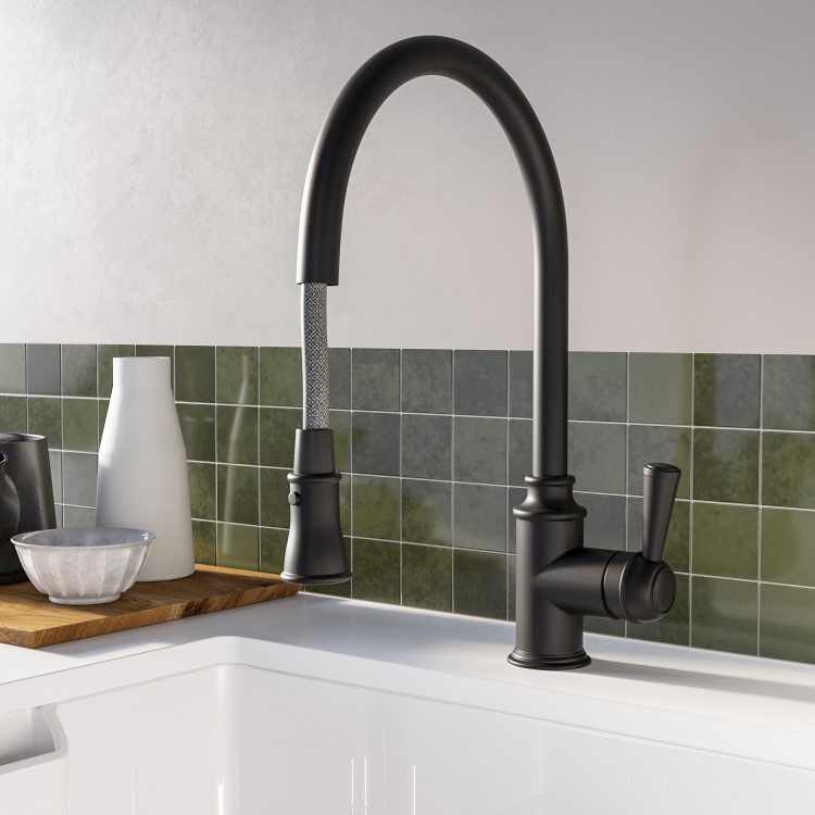 Evelyn Traditional Single Lever Monobloc Pull Out Kitchen Tap- Black