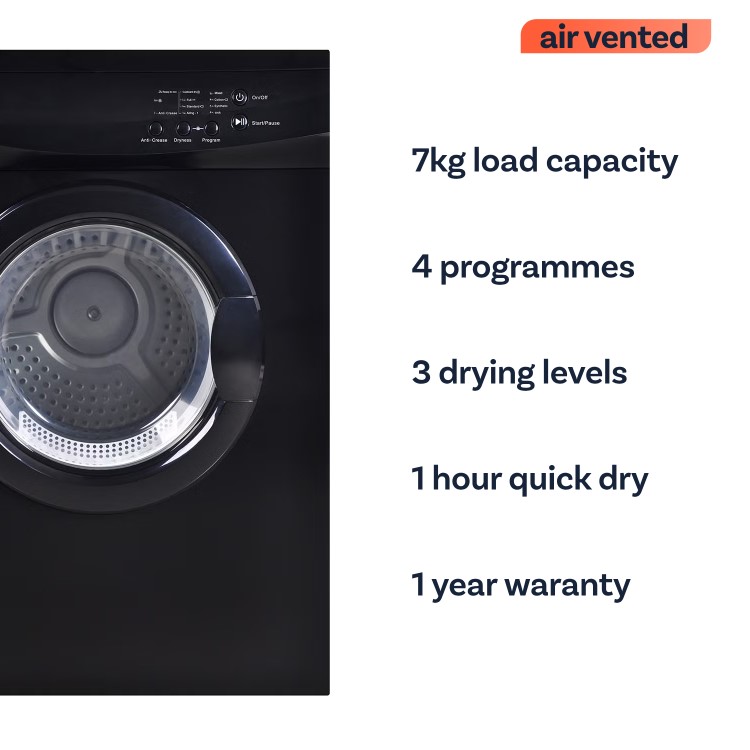 electriQ 7kg Vented Tumble Dryer - Black