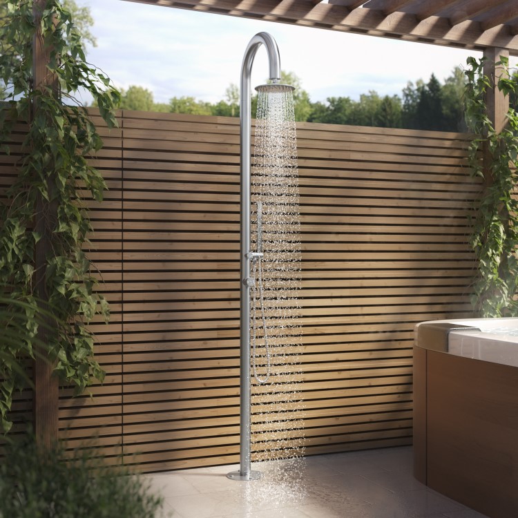 Chrome Outdoor Shower with Pencil Hand Shower 2 Outlets - Fiji