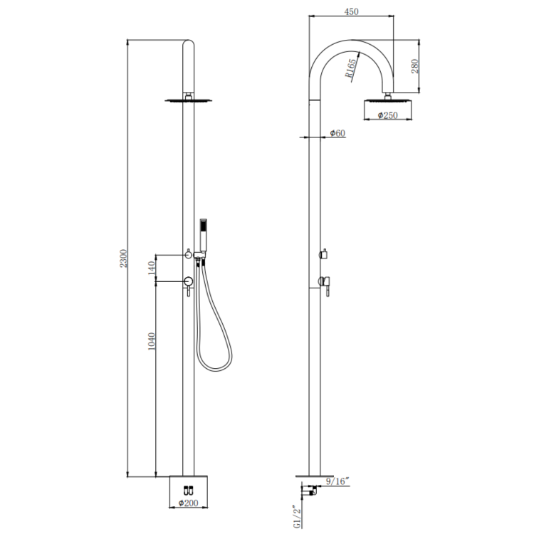 Chrome Outdoor Shower with Pencil Hand Shower 2 Outlets - Fiji