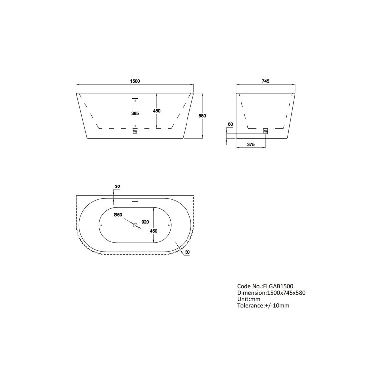 Freestanding Fluted Double Ended Back To Wall Bath 1500 x 745mm - Gable