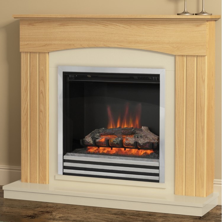 Be Modern Linmere Electric Fireplace Suite in Natural Oak Effect with Almond Stone Effect Back Panel 