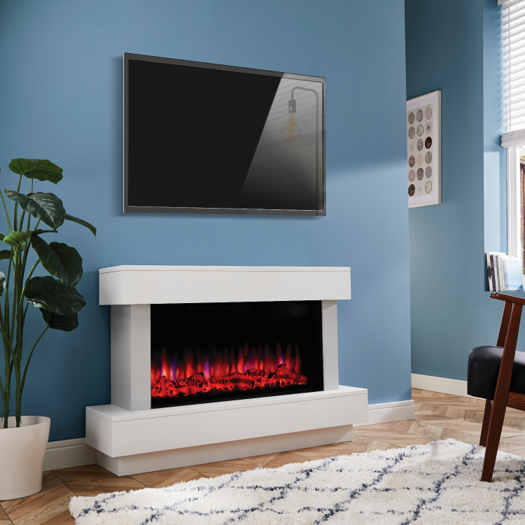 Suncrest Bourne White Freestanding Electric Fireplace Suite