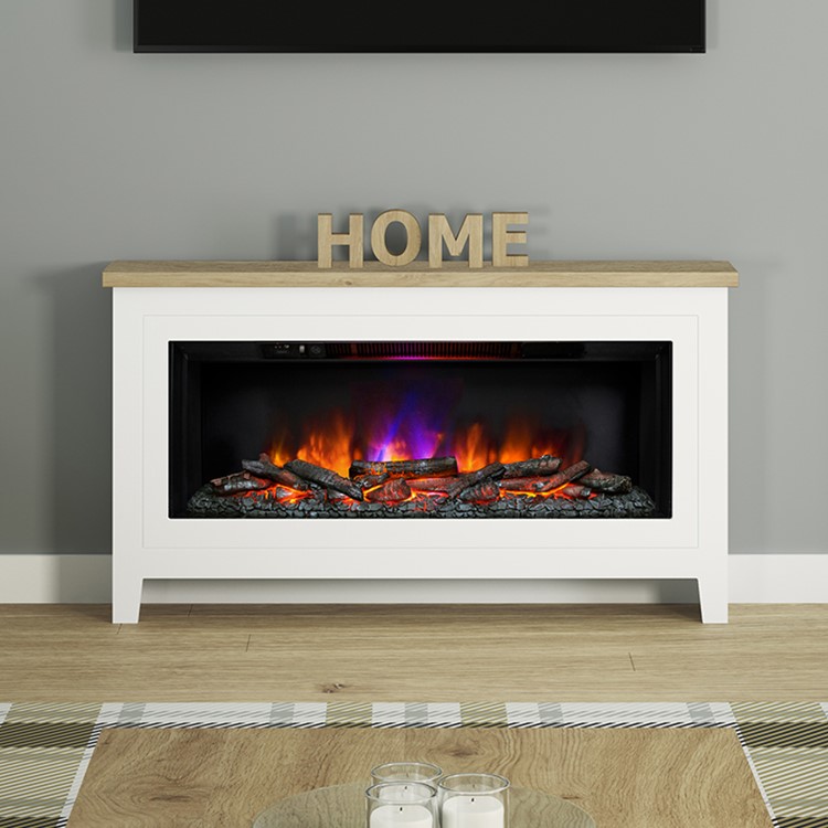 Be Modern Poulton White Freestanding Electric Fireplace Suite with Realistic Log Fuel Bed