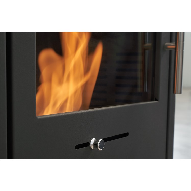 OKO S1 Bioethanol Stove with Log Storage in Charcoal Grey & Angled Stove Pipe