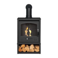 OKO S2 Bioethanol Stove with Log Storage in Charcoal Grey with Angled Stove Pipe