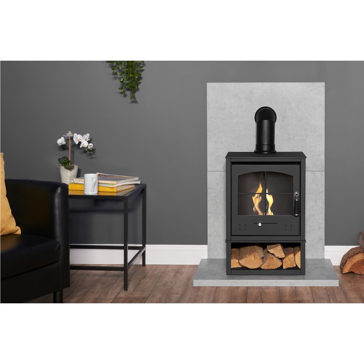 OKO S2 Bioethanol Stove with Log Storage in Charcoal Grey with Angled Stove Pipe