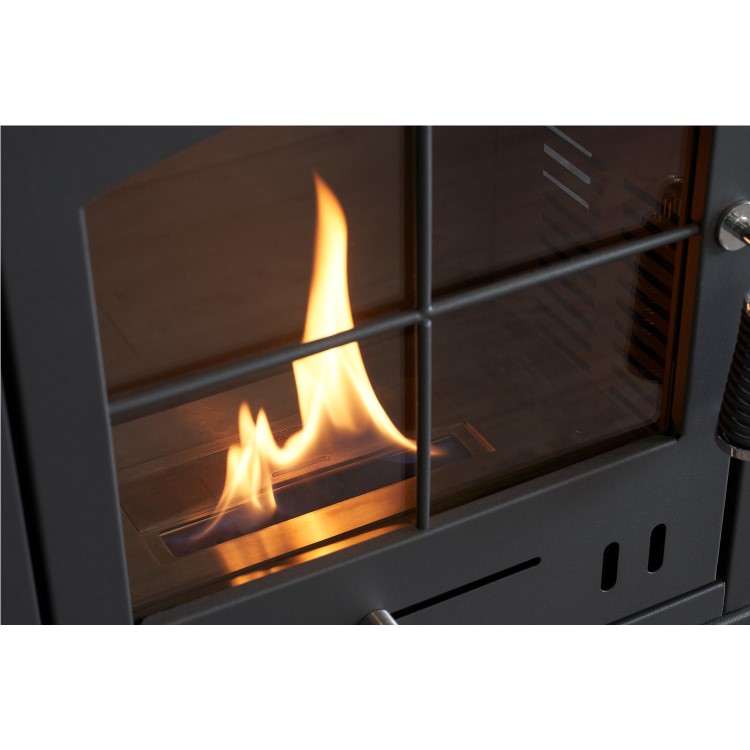 OKO S2 Bioethanol Stove with Log Storage in Charcoal Grey with Angled Stove Pipe