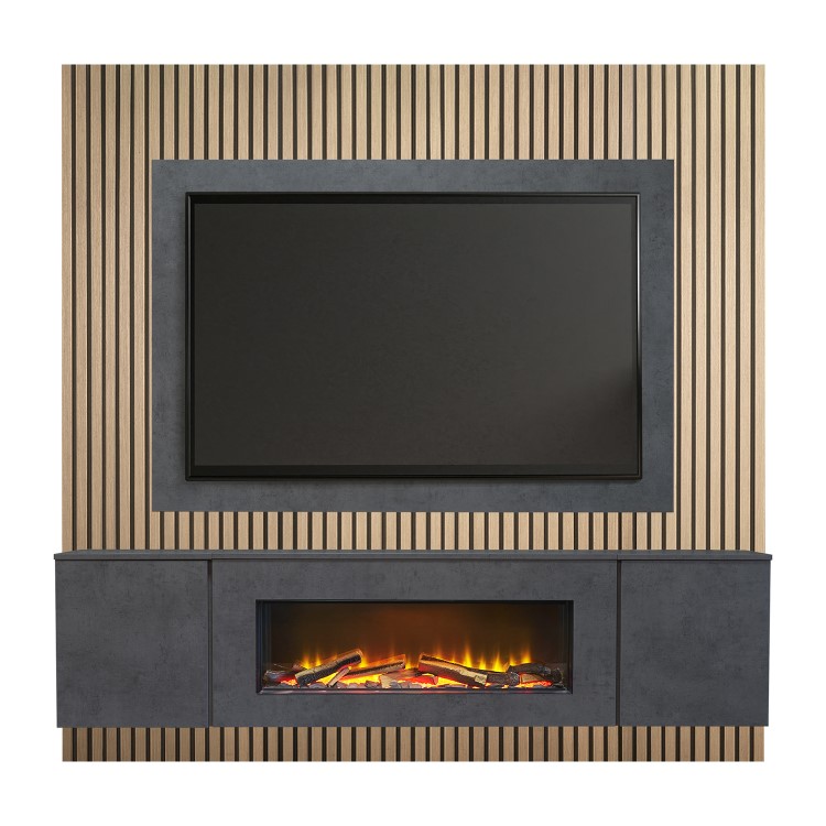 Acantha Orion XO Electric Floating Media Wall Suite in Slate Effect with TV Board & Natural Oak Wall Panels