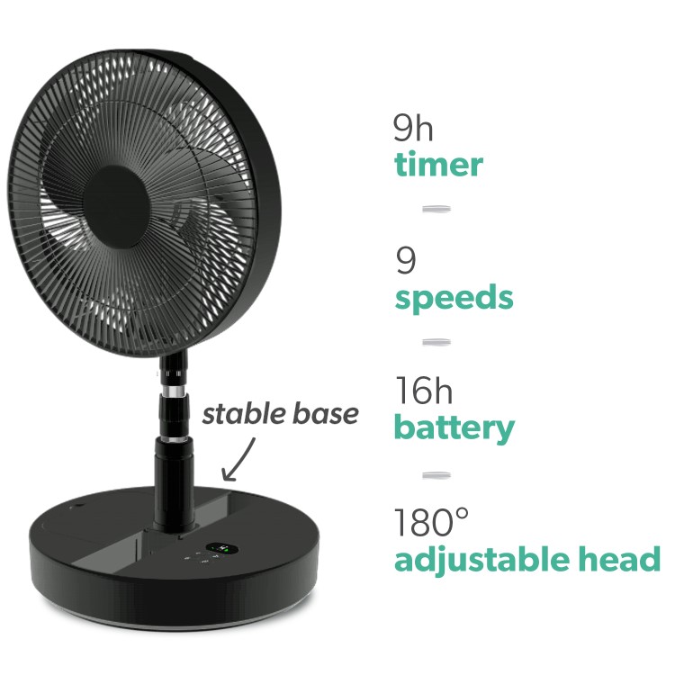 electriQ 12-inch Rechargeable and Foldable Black DC Pedestal Fan - Quiet Operation for Versatile Indoor and Outdoor Comfort