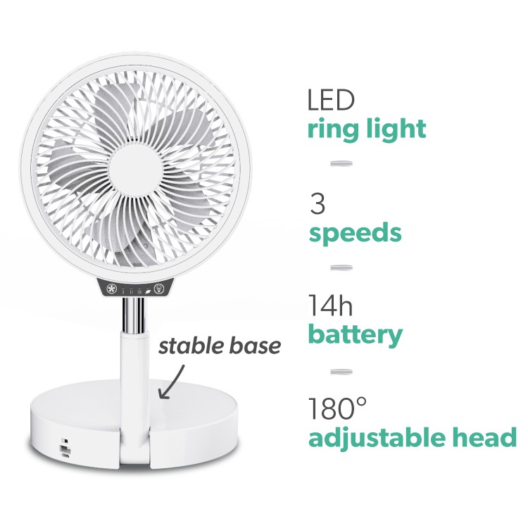 electriQ 6 inch Rechargeable and Foldable Quiet DC Fan with LED Light - Ideal for Indoor or Outdoor