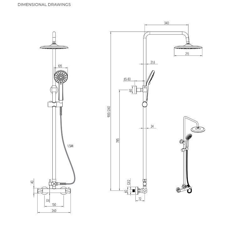 Gainsborough GDRE Thermostatic Bar Mixer Shower Set with Adjustable & Drencher Heads - Round