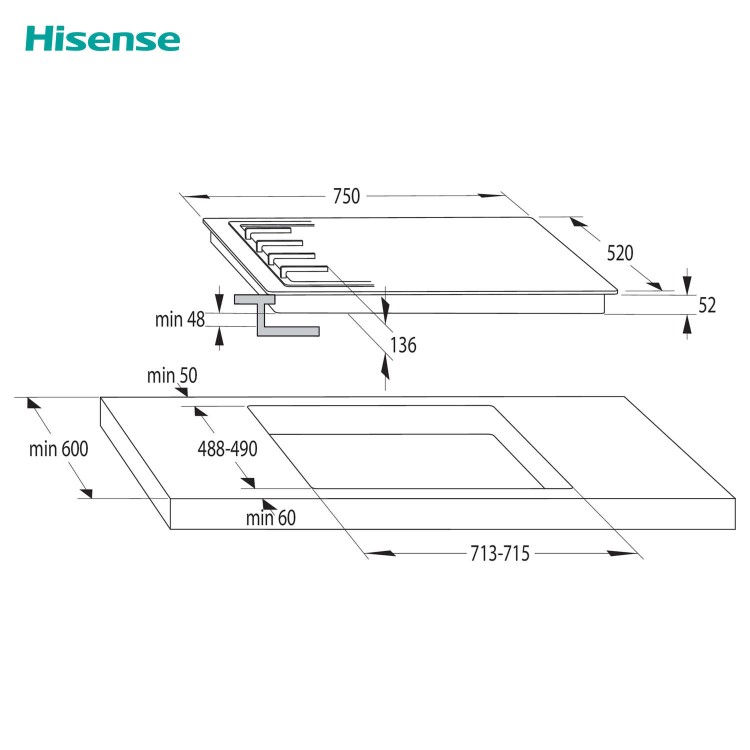 Hisense 75cm 5 burner Gas on Glass Hob - Black