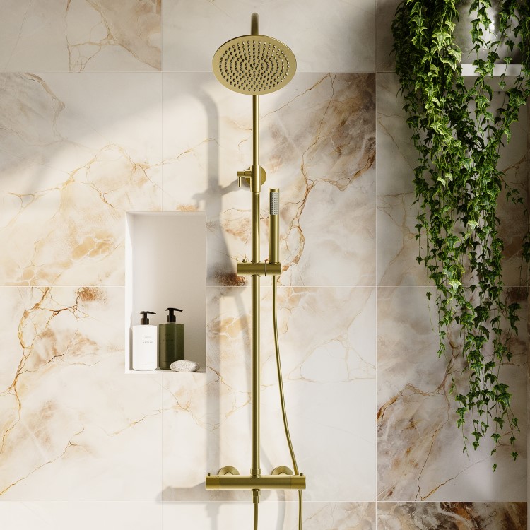 Brushed Brass Round Gooseneck Thermostatic Bar Shower Set with Hand Shower & Slide Rail Kit - Grace