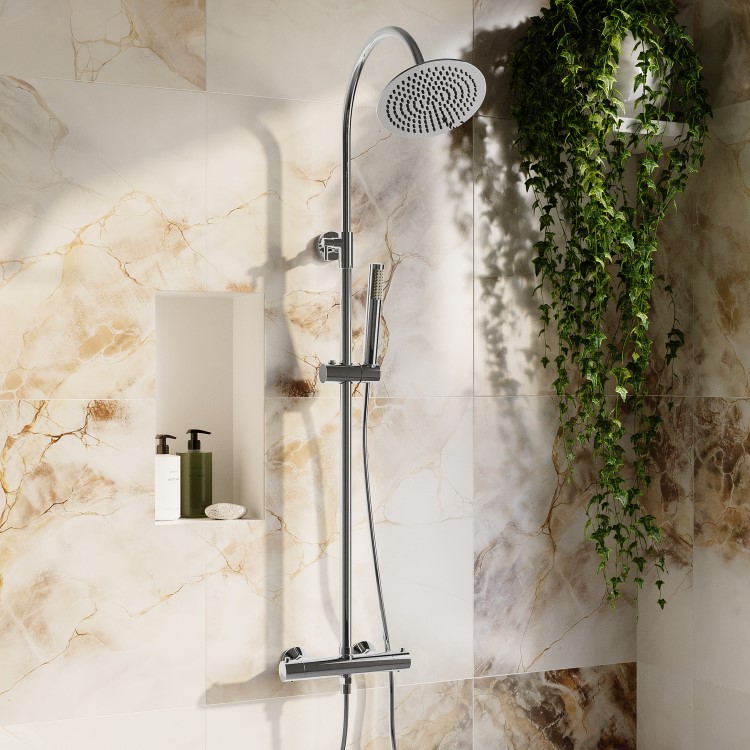 Chrome Round Gooseneck Thermostatic Bar Shower Set with Hand Shower & Slide Rail Kit - Grace