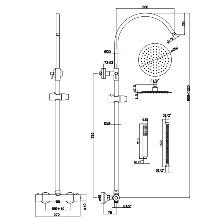 Chrome Round Gooseneck Thermostatic Bar Shower Set with Hand Shower & Slide Rail Kit - Grace