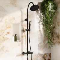 Black Round Gooseneck Thermostatic Bar Shower Set with Hand Shower & Slide Rail Kit - Grace