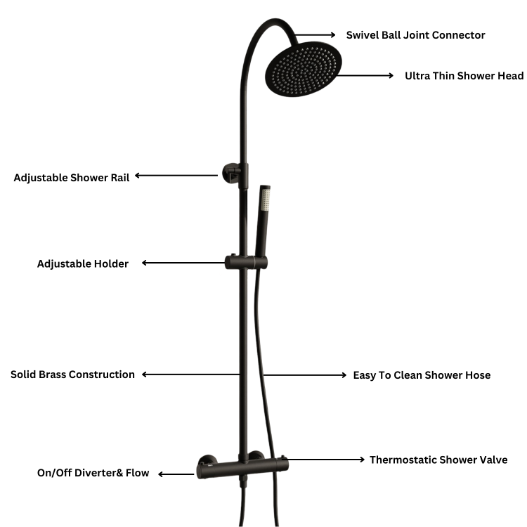 Black Round Gooseneck Thermostatic Bar Shower Set with Hand Shower & Slide Rail Kit - Grace