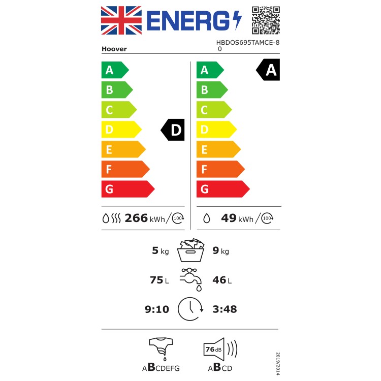 Refurbished Hoover H-Wash&Dry 300 HBDOS695TAMCE-80 Integrated 9/5KG 1600 Spin Washer Dryer