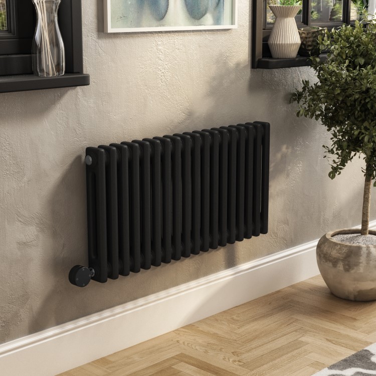 Midnight Black Electric Horizontal Column Radiator 1.2kW with Wi-Fi Thermostat - H400xW830mm - IPX4 Bathroom Safe