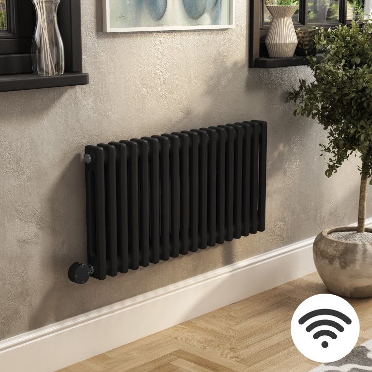 Midnight Black Electric Horizontal Column Radiator 1.2kW with Wi-Fi Thermostat - H400xW830mm - IPX4 Bathroom Safe