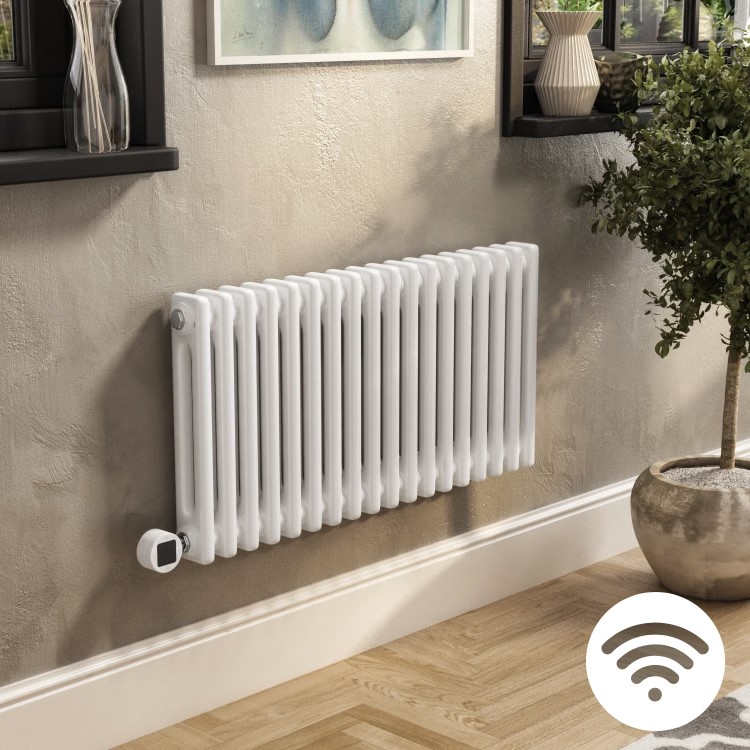 White Electric Horizontal Column Radiator 1.2kW with Wi-Fi Thermostat - H400xW830mm - IPX4 Bathroom Safe