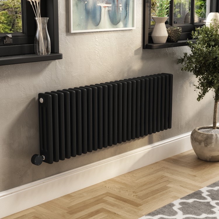 Midnight Black Electric Horizontal Column Radiator 1.2kW with Wi-Fi Thermostat - H400xW1190mm - IPX4 Bathroom Safe