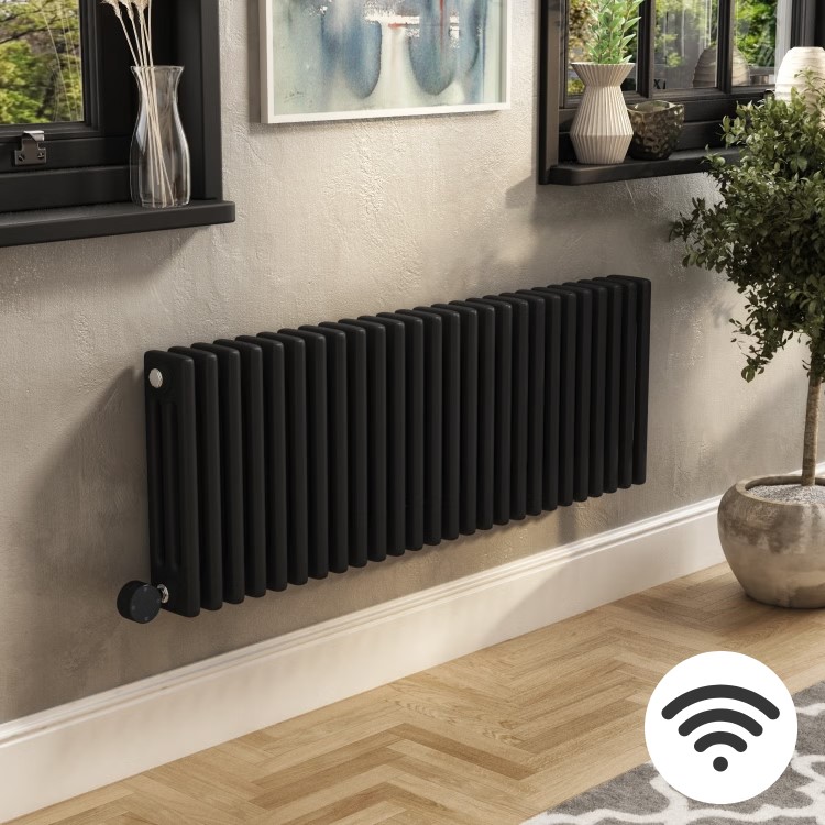 Midnight Black Electric Horizontal Column Radiator 1.2kW with Wi-Fi Thermostat - H400xW1190mm - IPX4 Bathroom Safe