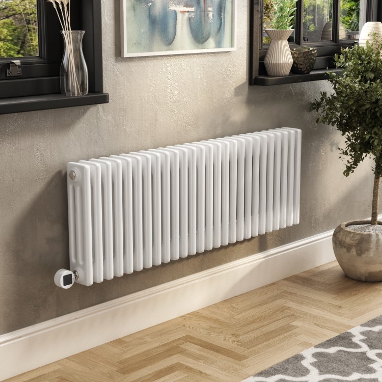 White Electric Horizontal Column Radiator 1.2kW with Wi-Fi Thermostat - H400xW1190mm - IPX4 Bathroom Safe