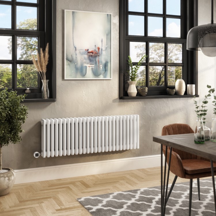 White Electric Horizontal Column Radiator 1.2kW with Wi-Fi Thermostat - H400xW1190mm - IPX4 Bathroom Safe